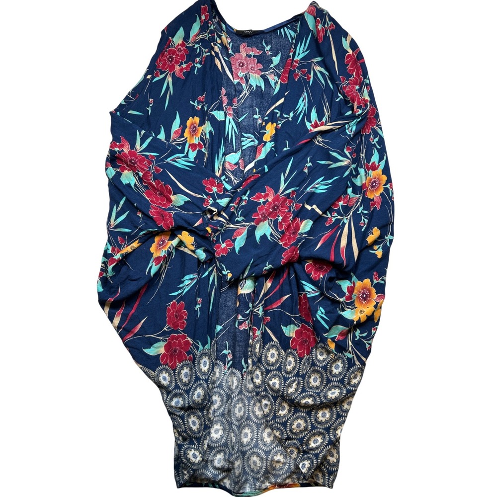 Very J Navy Blue Floral Kimono Wrap Medallion Hem Rayon Cardigan VJ190730 Medium